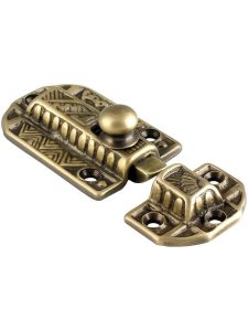 Decorative Brass Slide Latch in Antique-By-Hand  |  Slide Style Cabinet Latches Cabinet Latches Slide Style Cabinet Latches