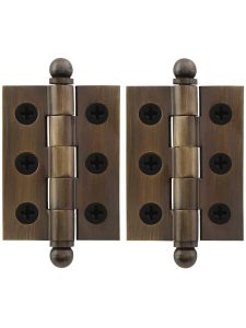 Pair of Premium Solid-Brass Cabinet Hinges with Ball Tips – 2 x 1 1/2-Inch in Antique-By-Hand  |  Butt Hinges Butt Hinges Butt Hinges