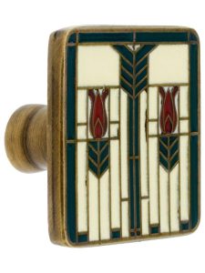 Prairie Tulips Cabinet Knob With Enamel Inlay – 1 1/4″ Square  |  Knobs Knobs Ant Brass-Evergreen/Ant Brass-Spring Green/Ant Pewter-Evergreen/Ant Pewter-Spring Green