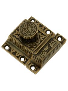 Solid Brass Oriental-Pattern Turn Latch in Antique By Hand  |  Turn Style Cabinet Latches Cabinet Latches Turn Style Cabinet Latches