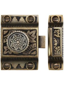 Solid Brass Oriental-Pattern Turn Latch in Antique By Hand  |  Turn Style Cabinet Latches Cabinet Latches Turn Style Cabinet Latches