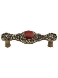 Victorian Jewel Pull Inset with Red Carnelian – 3″ Center-to-Center  |  Pulls Knobs & Pulls 24K Gold Plate/Antique Brass/Antique Pewter/Brite Brass/Brite Nickel